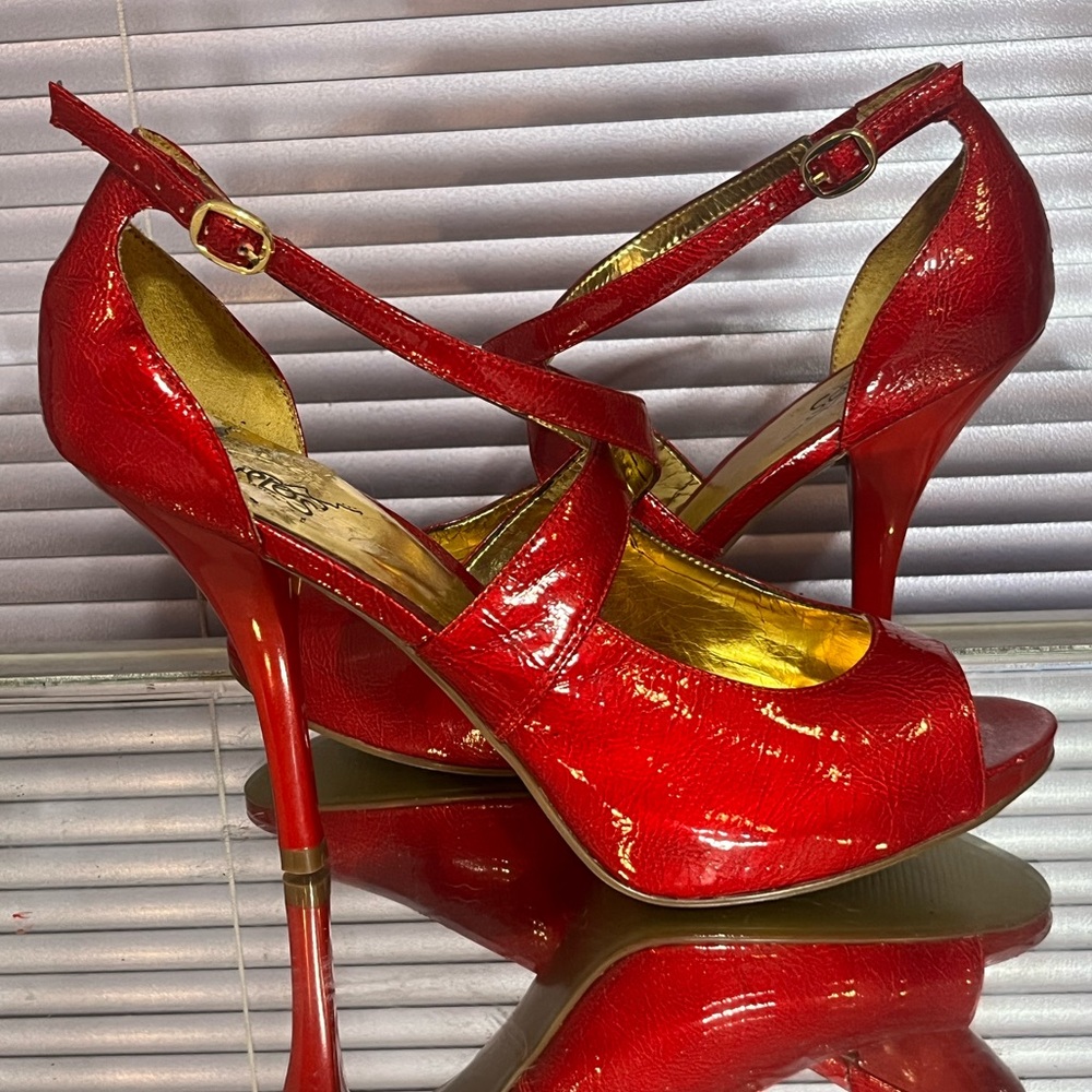 Ruby Red Metallic platform high heel stilettos strap patent leather sandal shoes